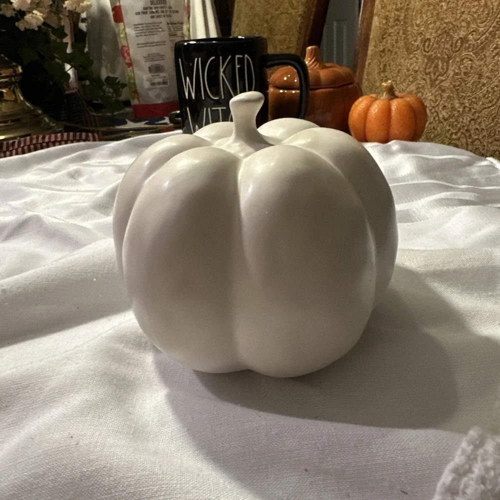 Rae Dunn Halloween TRICK White Matte Baby Pumpkin Dimply! 5